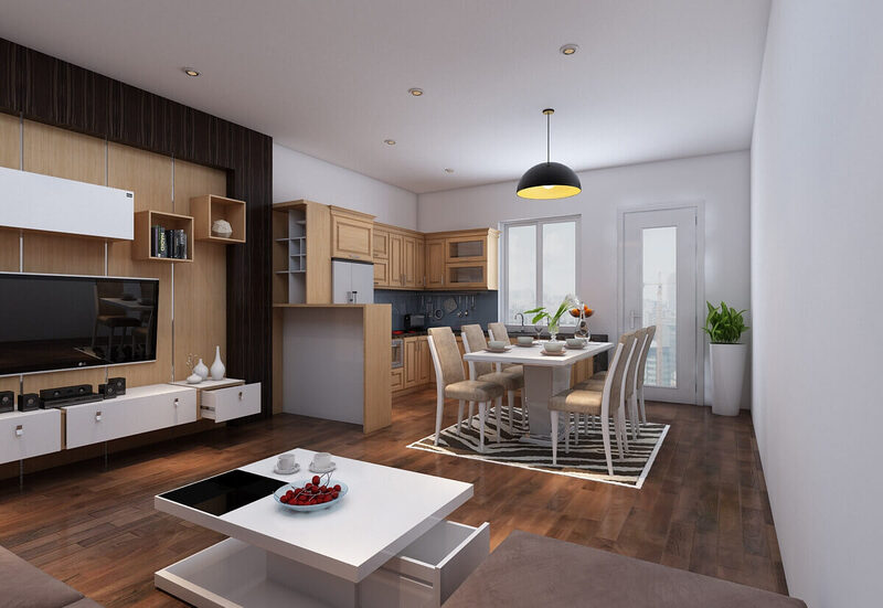 Mẫu thiết kế nội thất chung cư 45m2 có phòng khách nối liền bếp