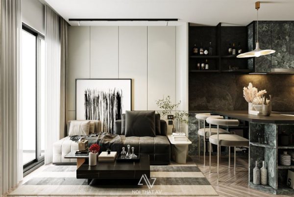 Để tạo điểm nhấn cho phòng khách, gia chủ có thể sử dụng thêm các bức tranh, tấm thảm trang trí