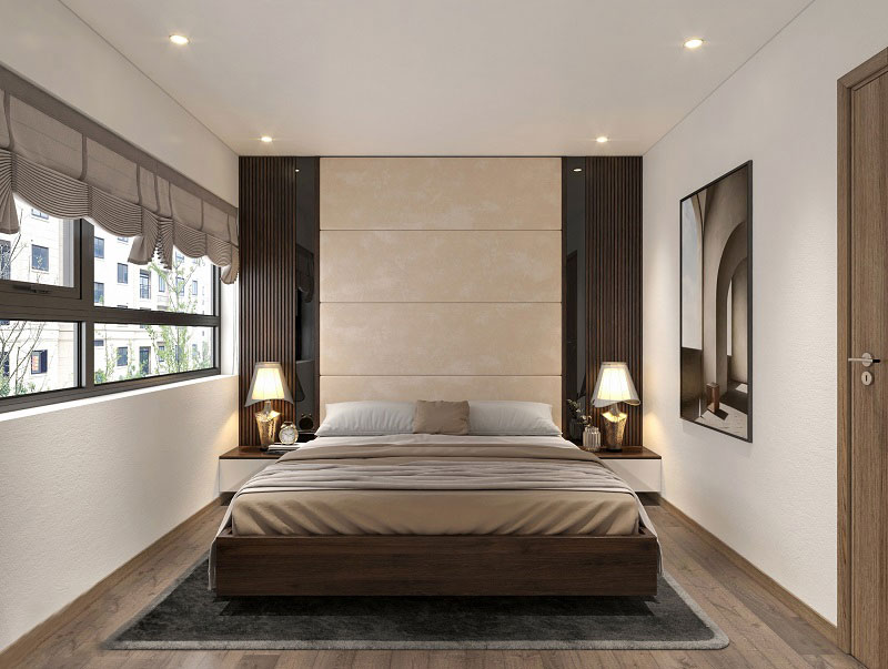 Mẫu thiết kế nội thất chung cư 56m2 có 2 phòng ngủ khu vực phòng ngủ bố mẹ