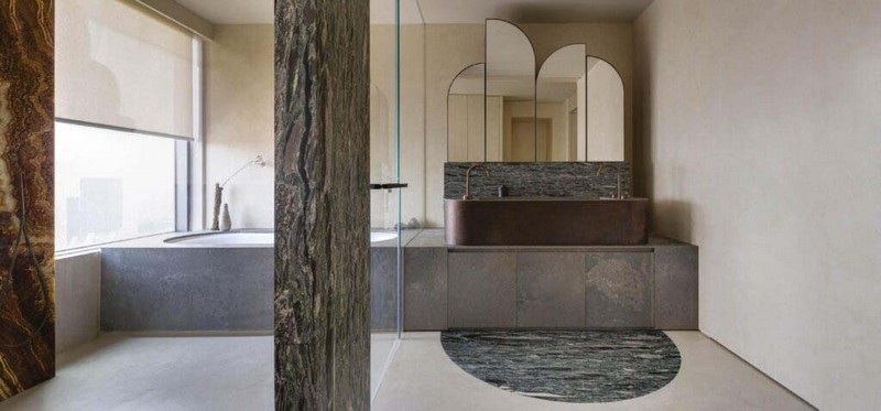 Phòng vệ sinh sử dụng vật liệu tự nhiên tạo vẻ đẹp đơn giản, thanh lịch
