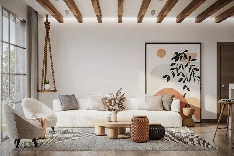Thiết kế nội thất Wabi Sabi khu vực phòng khách đơn giản, mộc mạc mà vẫn phù hợp với nhịp sống hiện đại