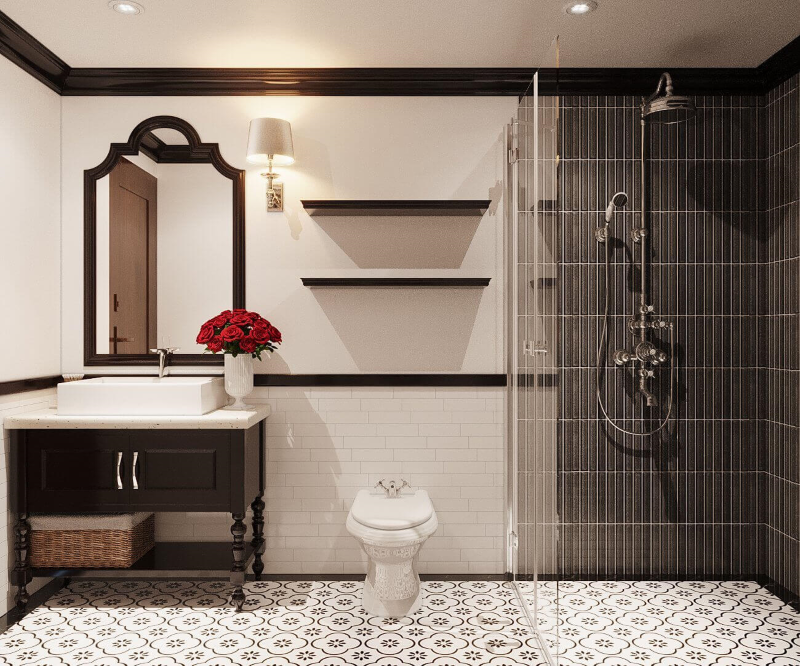 Phòng vệ sinh trong chung cư phong cách Indochine thường được trang trí với vật liệu thoáng mát