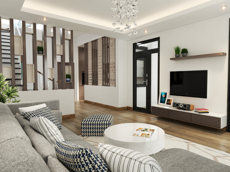 Thiết kế nội thất phòng khách nhà ống sử dụng vách ngăn tăng tính thẩm mỹ
