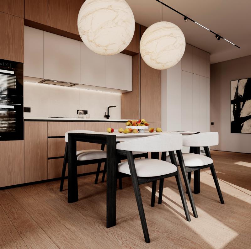 Thiết kế phòng khách liền bếp 20m2 sử dụng bàn ăn ngăn cách