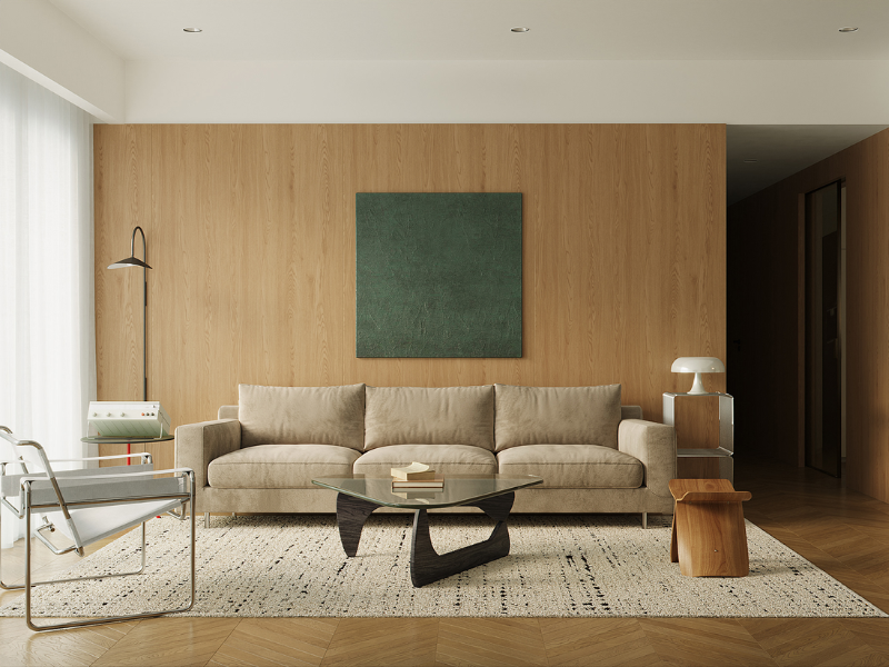 Mẫu thiết kế phòng khách rộng 16m2 phong cách Tối Giản