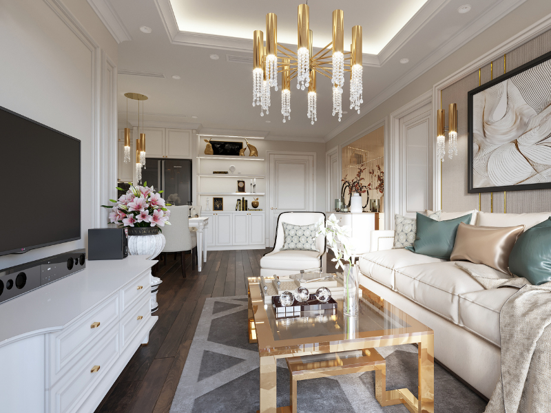 Thiết kế phòng khách 30m2 phong cách Luxury