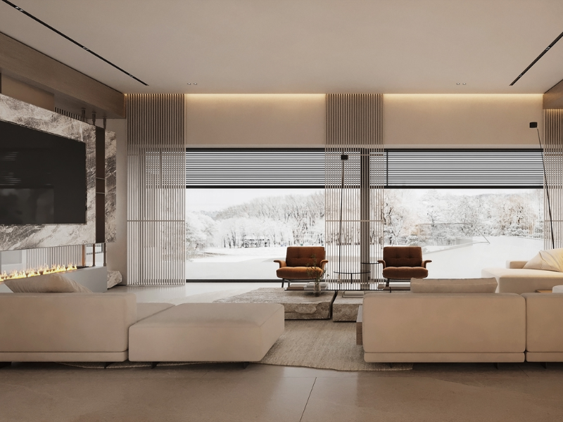 Khi thiết kế phòng khách rộng 50m2 mọi người có thể bố trí nhiều cửa sổ hoặc tường kính lớn để tạo không gian mở