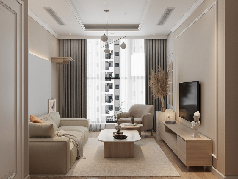 Thiết kế nội thất cho phòng khách nhỏ trở nên tối ưu hơn khi sử dụng gam màu trung tính