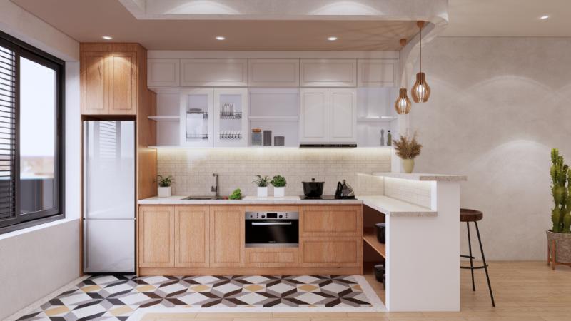 Sử dụng vách ngăn phân chia thiết kế phòng khách và bếp chung cho nhà nhỏ