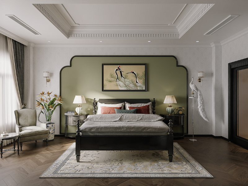 Mẫu thiết kế phòng ngủ 12m2 phong cách Đông Dương