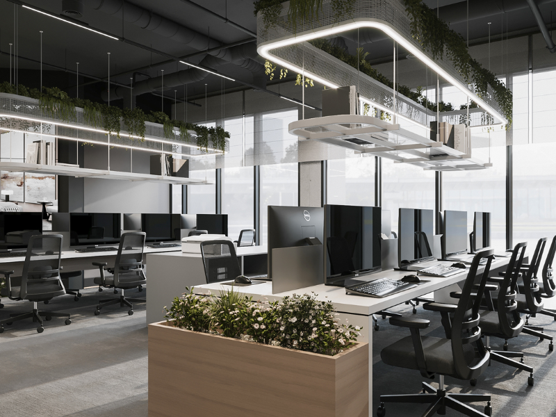 Để tận dụng ánh sáng tự nhiên khi thiết kế văn phòng 30m2, mọi người có thể lắp đặt nhiều cửa kính